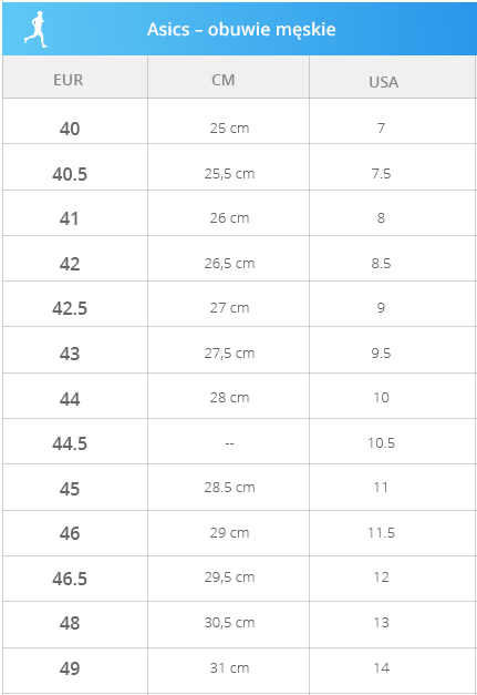 Asics - obuwie męskie - tabela rozmiarowa